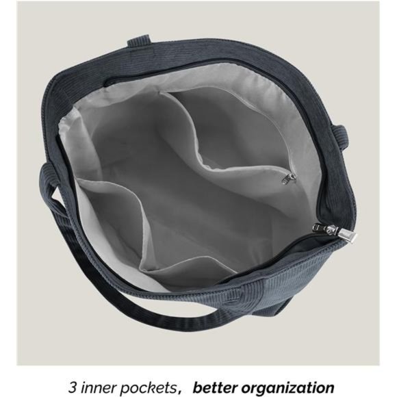 Corduroy Tote Bag for Women Large Shoulder Bag with Zipper and Pockets - Picture 4 of 6